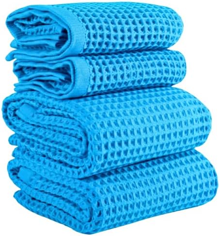 PÜSKÜL Natural 100% Turkish Cotton Waffle Towels Set of 4-Piece, Aqua Blue