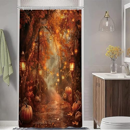 Fall Pumpkins Shower Curtain，Halloween Autumn Thanksgiving Harvest Forest Rural Trail Bathroom Decor，47 x 64 Inch Polyester Fabric Waterproof Bathroom Curtain with Hooks