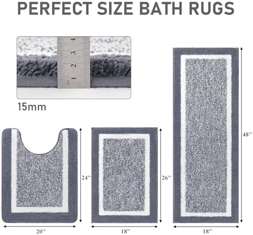 Pauwer Bathroom Rugs 3 Piece Set, Non Slip Washable Bath Mat, Dark Grey