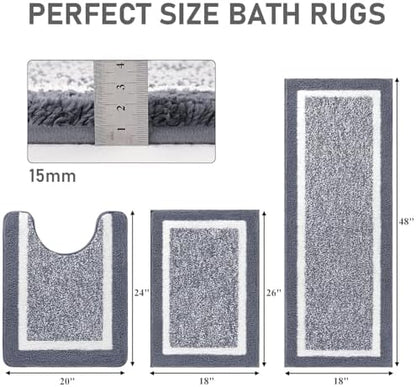 Pauwer Bathroom Rugs 3 Piece Set, Non Slip Washable Bath Mat, Dark Grey