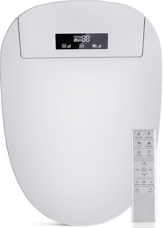 Bidet Toilet Seat with Adjustable Heated Seat & Water, Air Dryer, Quiet Close Lid, Wireless Remote - Electric Bidet Seat 201SP (Elongated)