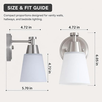 1-Light Bathroom Vanity Light, Brushed Nickel Finish Wall Sconce with Milk Glass, Over Mirror, for Bathroom Vanity