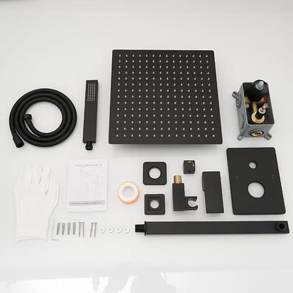 Matte Black Shower System 16 Inch Bathroom Luxury Rain Mixer Shower Combo Set Wall Mounted Rainfall Shower Head and Handheld System Shower Faucet Set Rough-in Valve Body and Trim Kit