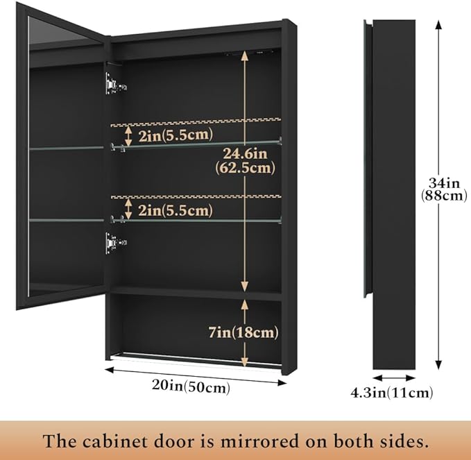 20"×34" Lighted Medicine Mirror Cabinet with Storage Adjustable Brightness 3 Color Temperature Lighting Anti-Fog Sturdy Aluminum Medicine Cabinet with Lights 2 Socket & 2 USB Ports & Adjustable Shelf