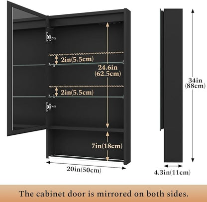20"×34" Lighted Medicine Mirror Cabinet with Storage Adjustable Brightness 3 Color Temperature Lighting Anti-Fog Sturdy Aluminum Medicine Cabinet with Lights 2 Socket & 2 USB Ports & Adjustable Shelf
