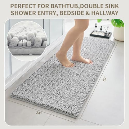 Bathroom Rugs Non Slip Washable 60x24, Extra Thick Soft Chenille Absorbent Bath Mat, High Density Barrier Non Slip Backing, Quick Dry Plush Shaggy Floor Carpet for Tub&Shower, Silver