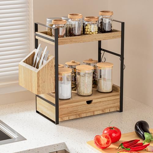 2-Tier Bathroom Counter Organizer, Wooden Vanity Shelf with Drawer & Basket