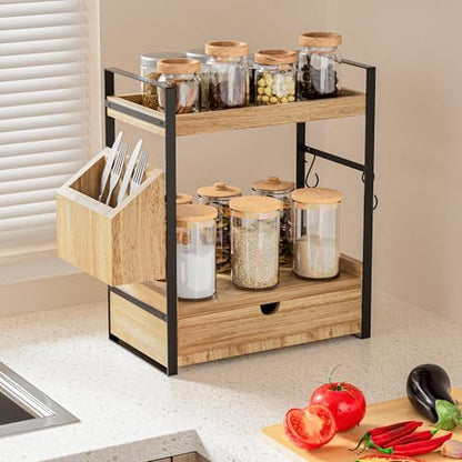 2-Tier Bathroom Counter Organizer, Wooden Vanity Shelf with Drawer & Basket