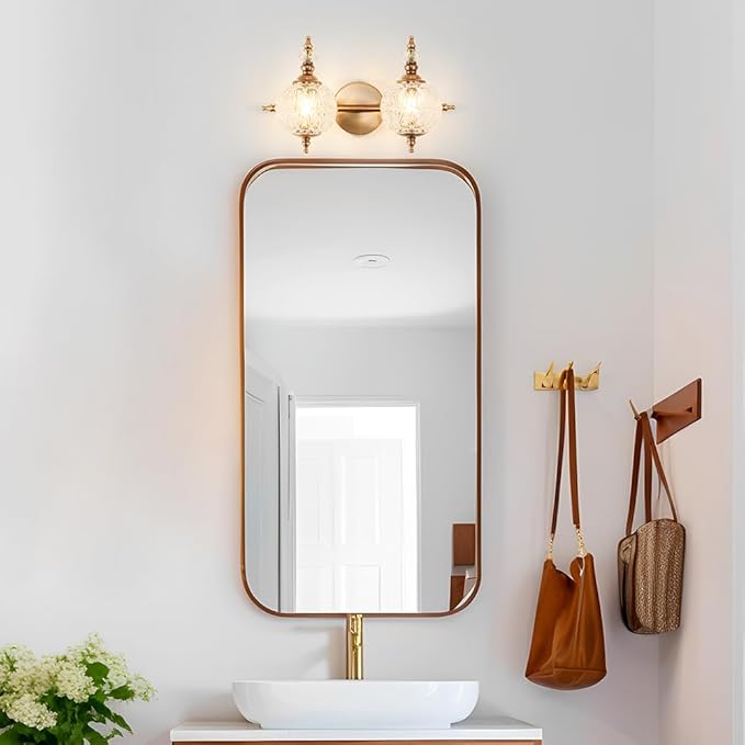 Brushed Gold Bathroom Vanity Light Fixture Vintage Style - 2 Light G9 Bulb Compatible, 17" Wide Bathroom Lighting Over Mirror with Hand-Etched Glass Shades, Easy Mount for Makeup Area