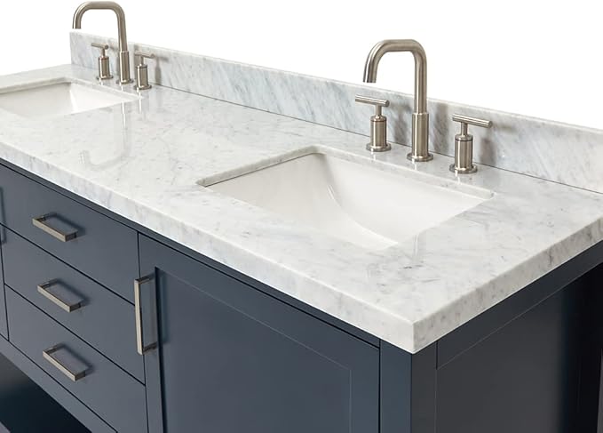 ARIEL Bayhill 72-inch Bathroom Vanity with Sink,Solid Wood, 1.5-inch Italian Carrara Marble Countertop, Double Rectangular Porcelain Sink, 2 Soft Closing Doors, 3 Dovetail Drawers, Midnight Blue