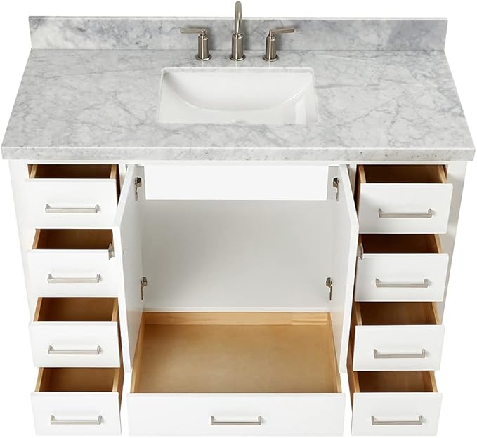 ARIEL Cambridge 48-inch Bathroom Vanity with Sink,Solid Wood, 1.5-inch Italian Carrara Marble Countertop, Single Rectangular Porcelain Sink, 2 Soft Closing Doors, 9 Dovetail Drawers, White