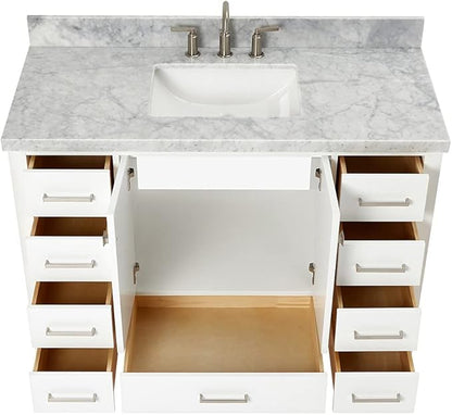 ARIEL Cambridge 48-inch Bathroom Vanity with Sink,Solid Wood, 1.5-inch Italian Carrara Marble Countertop, Single Rectangular Porcelain Sink, 2 Soft Closing Doors, 9 Dovetail Drawers, White