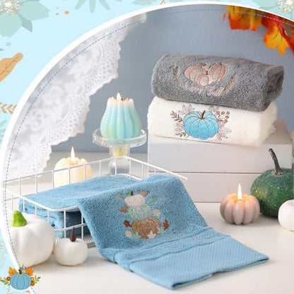 FuWeave 3 Pcs Blue White Fall Blue Pumpkins Hand Towels for Bathroom