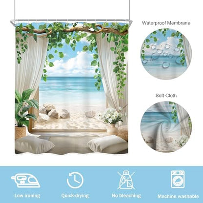Ocean Coastal Blue Sea Beach Beachy Tropical Bathroom Shower Curtain Set
