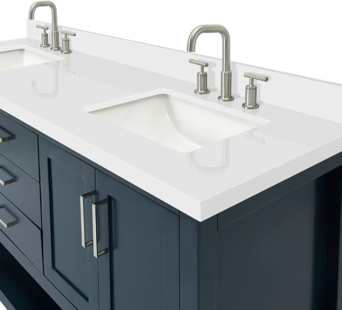 DKB Olivia 72" Midnight Blue Double Bathroom Vanity, 1.5" Pure White Quartz Countertop, Rectangular Undermount Sinks, 4 Soft-Closing Doors, 3 Dovetail Full Extension Drawers