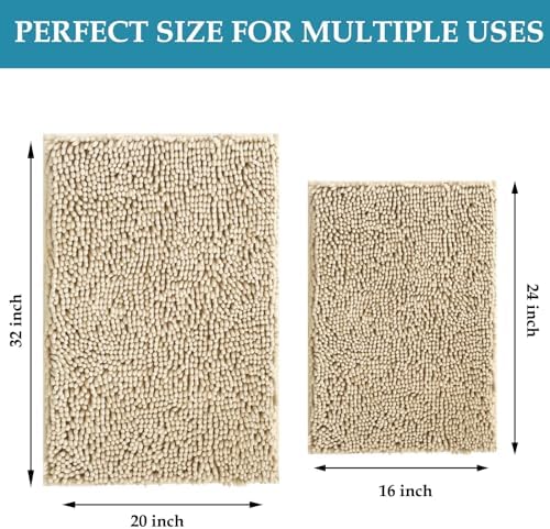 RUN HELIX Beige Bathroom Rug Mat Set, Extra Thick and Absorbent Bath Rugs, Non-Slip, Chenille Soft Plush Shaggy, Washable, for Bathroom, Bedroom, 24x16+20x32 Inch