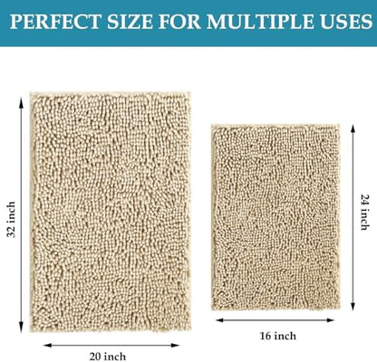 RUN HELIX Beige Bathroom Rug Mat Set, Extra Thick and Absorbent Bath Rugs, Non-Slip, Chenille Soft Plush Shaggy, Washable, for Bathroom, Bedroom, 24x16+20x32 Inch