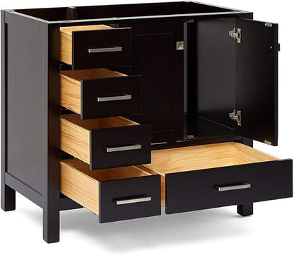 ARIEL Cambridge 36-inch Bathroom Vanity Base Cabinet,Solid Wood, 2 Soft Closing Doors, 5 Dovetail Drawers, Espresso