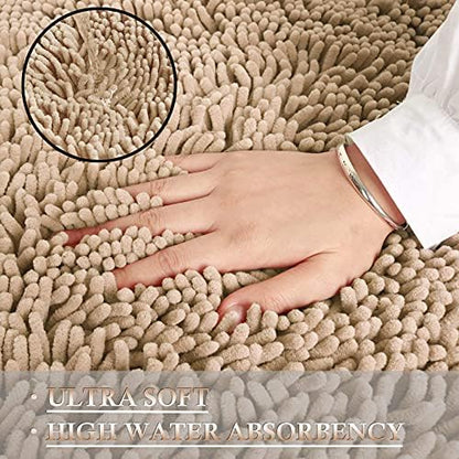 RUN HELIX Beige Bathroom Rug Mat Set, Extra Thick and Absorbent Bath Rugs, Non-Slip, Chenille Soft Plush Shaggy, Washable, for Bathroom, Bedroom, 24x16+20x32 Inch