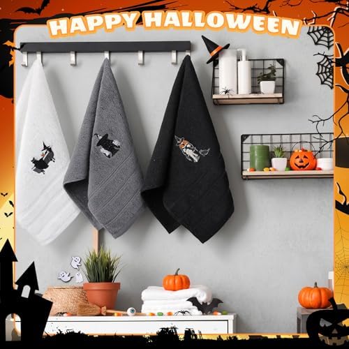 FuWeave 3 Pcs Black White Halloween Witch Hand Towels for Bathroom
