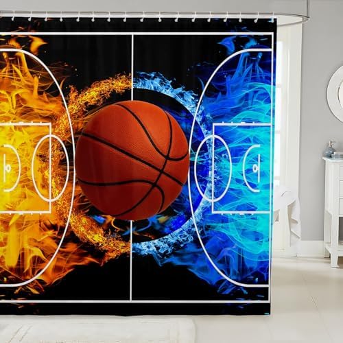 jejeloiu Basketball Bath Curtain Boys Girls 72"x84" Gaming Sports Shower Curtain for Kids Women Men Waterproof Ice Fire Bathroom Shower Curtain Set Gift for Basketball Lover
