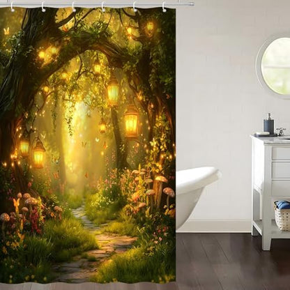 Fantasy Forest Path Shower Curtain Yellow Fairy Magical Enchanted Misty Jungle Mushroom Floral Tree Butterfly Lantern Wonderland Bath Curtain Fabric Bathroom Accessories Decor with Hooks 47W x63L