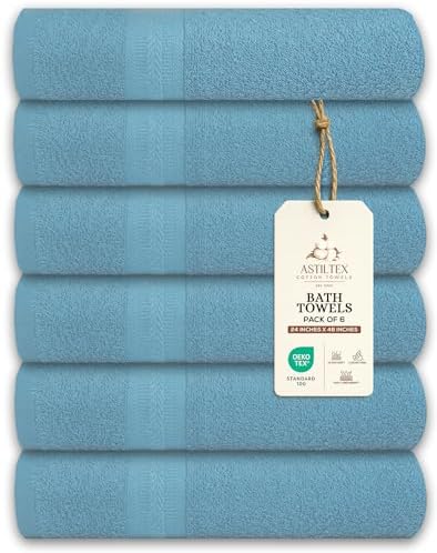 Bath Towels Pack of 6 – 24" x 48" – 100% Cotton Terry, Soft, Quick-Dry & Highly Absorbent – Aqua Blue Towels for Bathroom, Spa, Gym, Hotel, Pool & Everyday Use
