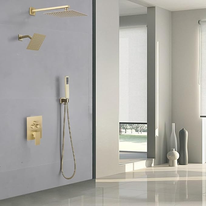 Shower Faucet Set Brushed Gold 10 Inch Wall Mount Rainfall Shower System with 2 Rain Shower Head and Handheld Head Push Button Diverter Shower Trim Kit and Rough-in Valve Body