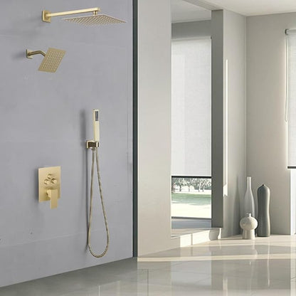 Shower Faucet Set Brushed Gold 10 Inch Wall Mount Rainfall Shower System with 2 Rain Shower Head and Handheld Head Push Button Diverter Shower Trim Kit and Rough-in Valve Body