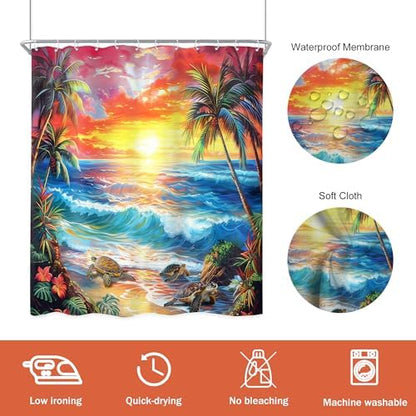Ocean Summer Beach Tropical Leaf Hawaiian Bathroom Shower Curtain Set
