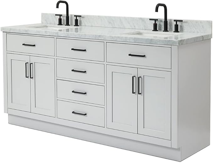 ARIEL Hepburn 72-inch Bathroom Vanity with Sink,Solid Wood, 1.5-inch Italian Carrara Marble Countertop, Double Rectangular Porcelain Sink, 4 Soft Closing Doors, 6 Dovetail Drawers, Grey