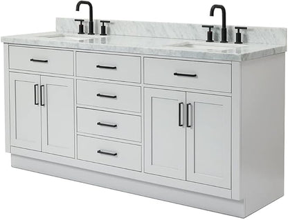 ARIEL Hepburn 72-inch Bathroom Vanity with Sink,Solid Wood, 1.5-inch Italian Carrara Marble Countertop, Double Rectangular Porcelain Sink, 4 Soft Closing Doors, 6 Dovetail Drawers, Grey