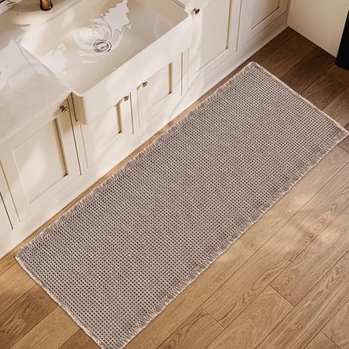 ZALL Tan Waffle Bath Mat,Super Absorbent Non Slip Long Bathroom Runner Rug,Brown 24X60inch,Machine Washable Ultra Soft Floor Mats