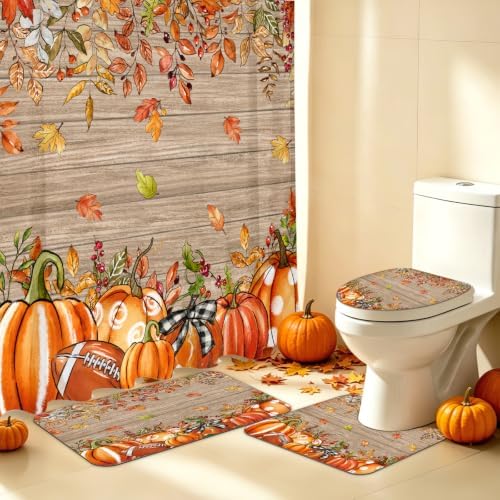MEHOFOND Fall Shower Curtain Set 4-Piece Pumpkin Wood Bathroom Set
