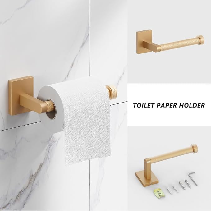Bathroom Hardware Set 4 Piece Brushed Nickel/Brushed Gold Bathroom Accessories Set Including 24" Hand Towel Bars, Toilet Paper Holders, Towel Rings, Robe Towel Hooks (4pcs, Brushed Gold)