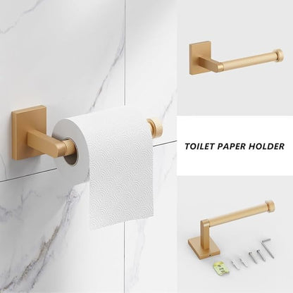 Bathroom Hardware Set 4 Piece Brushed Nickel/Brushed Gold Bathroom Accessories Set Including 24" Hand Towel Bars, Toilet Paper Holders, Towel Rings, Robe Towel Hooks (4pcs, Brushed Gold)