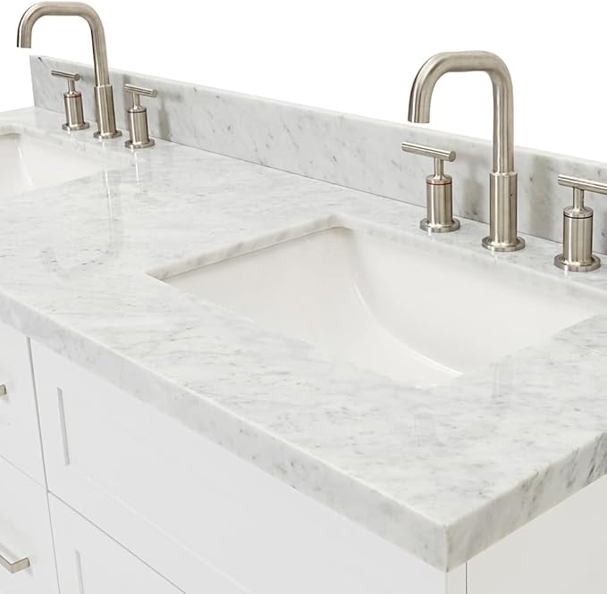 ARIEL Hamlet 60-inch Bathroom Vanity with Sink,Solid Wood, 1.5-inch Italian Carrara Marble Countertop, Double Rectangular Porcelain Sink, 4 Soft Closing Doors, 3 Dovetail Drawers, White