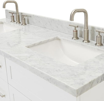 ARIEL Hamlet 60-inch Bathroom Vanity with Sink,Solid Wood, 1.5-inch Italian Carrara Marble Countertop, Double Rectangular Porcelain Sink, 4 Soft Closing Doors, 3 Dovetail Drawers, White