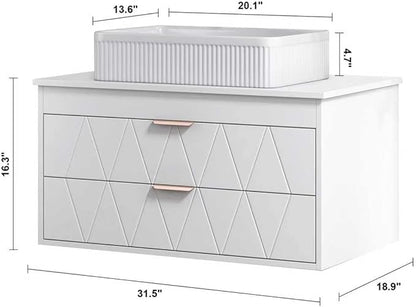 32 inch Bathroom Vanity with Vessel Sink, Wall Mounted Bathroom Cabinet with 2 Soft Closing Drawers, Rose Gold Handle, Solid Wood Countertop, Floating Modern Bathroom Vanity for Small Space, White