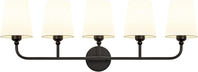 Bathroom Vanity Light, Matte Black Bathroom Lighting Fixtures Over Mirror | 5-Light Bathroom Light Fixtures with Flared White Fabric Shade, E26 Socket (ETL Listed)