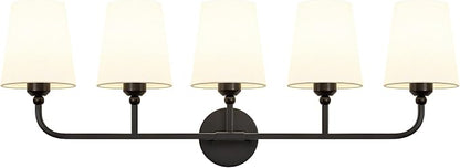 Bathroom Vanity Light, Matte Black Bathroom Lighting Fixtures Over Mirror | 5-Light Bathroom Light Fixtures with Flared White Fabric Shade, E26 Socket (ETL Listed)