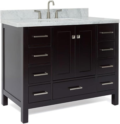 ARIEL Cambridge 42-inch Bathroom Vanity with Sink,Solid Wood, 1.5-inch Italian Carrara Marble Countertop, Single Rectangular Porcelain Sink, 2 Soft Closing Doors, 9 Dovetail Drawers, Espresso