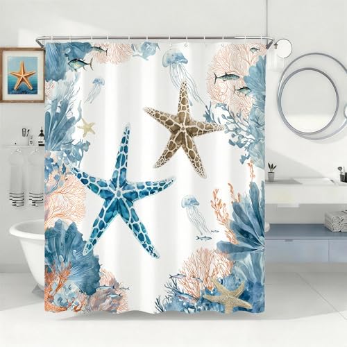 Orange Beach Shower Curtain for Bathroom, Ocean Coastal Theme, 72x72 In