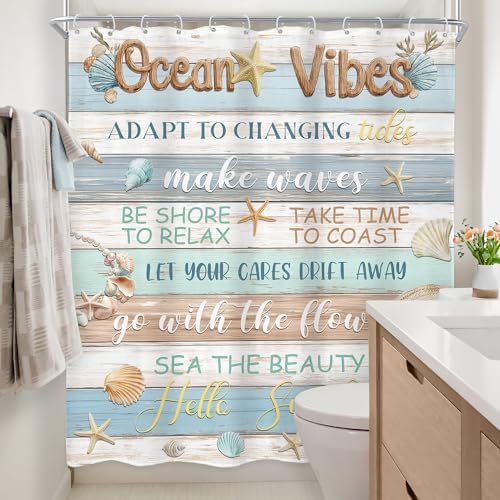 Ocean Seashell Fish Coral Vibes Blue Brown Wood Bathroom Shower Curtain Set