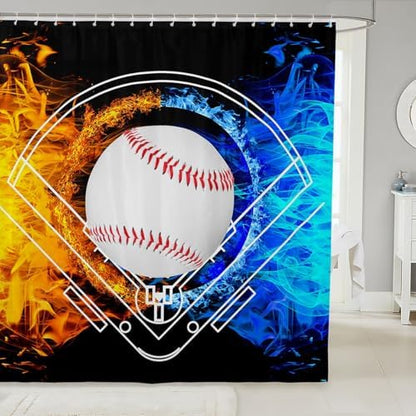 jejeloiu Baseball Bath Curtain Boys Girls 72"x78" Sports Game Shower Curtain for Kids Women Men Waterproof Ice Fire Bathroom Shower Curtain Set White Red Blue Kids Bathroom Accessories