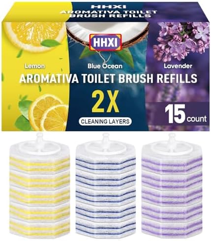 15Ct Aromative Toilet Brush Refills, Toilet Bowl Cleaner Refills, Double-Layer Cleaning Pads Added, Disposable Refill Heads for Toilet Bowl Cleaner Wands，Lemon, Blue Ocean, Lavender （Patented）