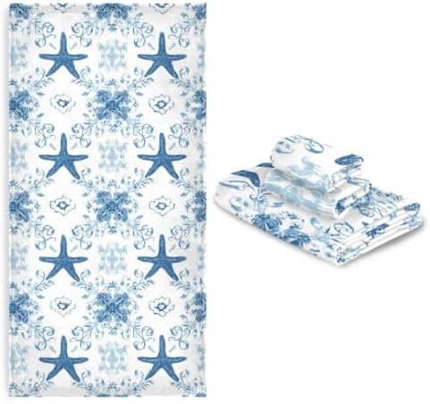 Naanle 3D Starfish and Seashells on Sand Beach Soft Decorative Set of 3 Towels, 1 Bath Towel+1 Hand Towel+1 Washcloth, Multipurpose for Bathroom, Hotel, Gym, Spa and Beach