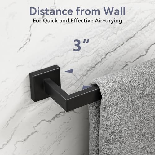 24 Inch Matte Black Towel Bar, Square Base Bathroom Towel Rack, Towel Holder Wall Mounted, Thicken SUS304 Stainless Steel Towel Rod Modern Home Decor (Total Length 26-Inch)
