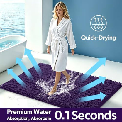 Upgrade Luxury 2 Piece Dark Purple Toilet Bathroom Rug Mat U Shape 24"x20"+48"x20", Ultra Soft Thick Absorbent Bath Mats, Non Slip Chenille Toilet Mat for Bathroom, Bedroom, Kitchen, Shower, Tub
