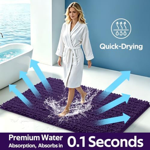 ACCUMTEK Upgrade Luxury 2 Piece Deep Purple Toilet Bathroom Rug Mat 32"x20"+24"x17", Ultra Soft Thick Absorbent Bath Mats, Non Slip Chenille Toilet Mat for Bathroom, Bedroom, Kitchen, Shower, Tub
